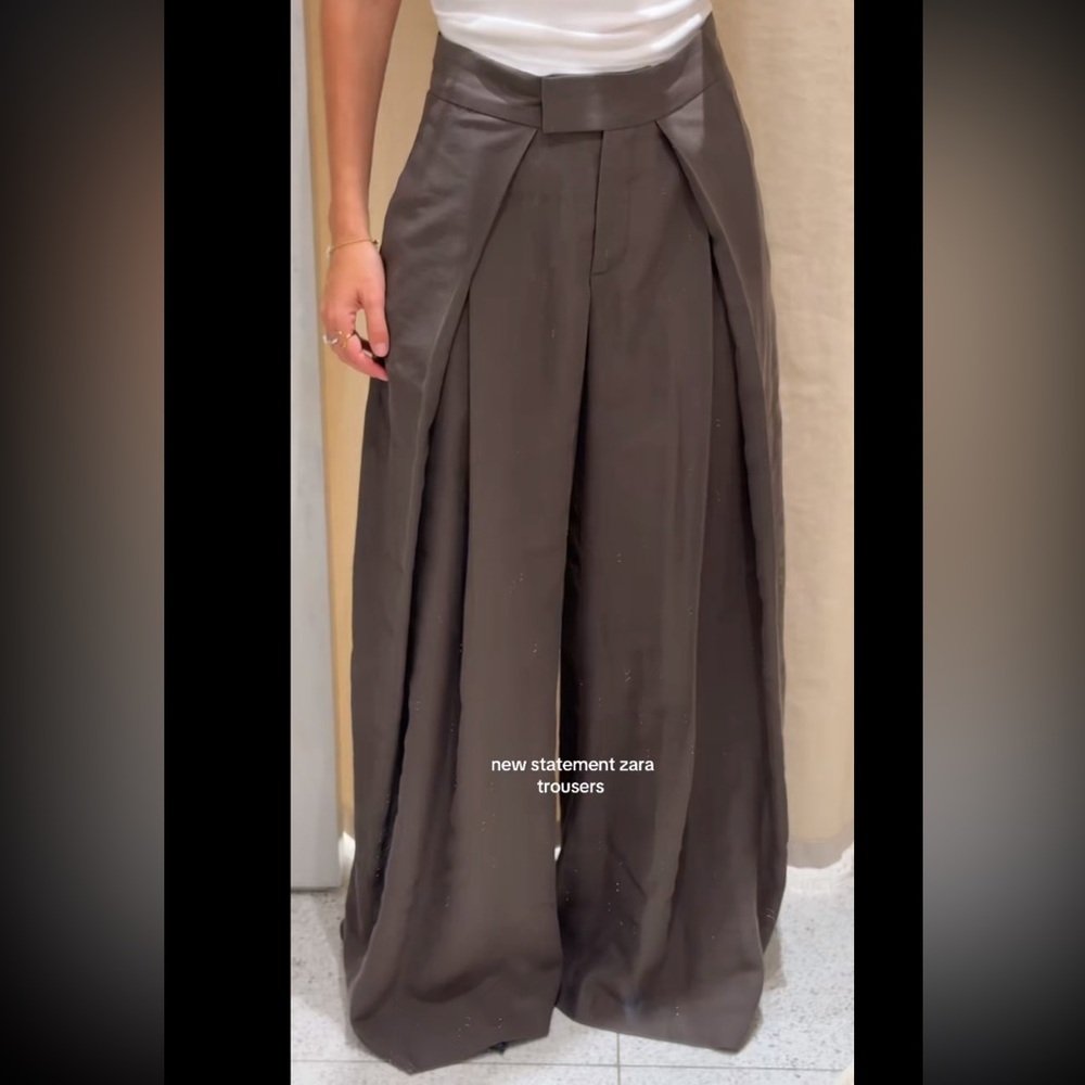 ZARA PLEATED WIDE LEG PANTS ZW COLLECTION BROWN TAUPE SMALL - Picture 7 of 10